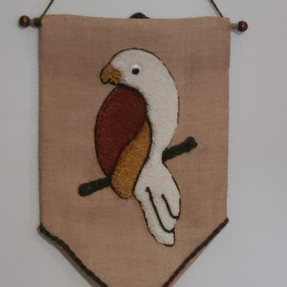 Vintage Handmade Burlap Wall Hanging Carpet Parrott Retro Groovy
